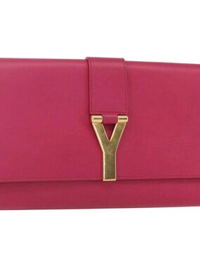 SAINT LAURENT Y line Clutch Bag Leather Pink Gold Auth